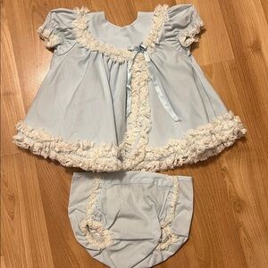 Toddler girl light blue lace ruffle dress with lined plastic diaper lace panty